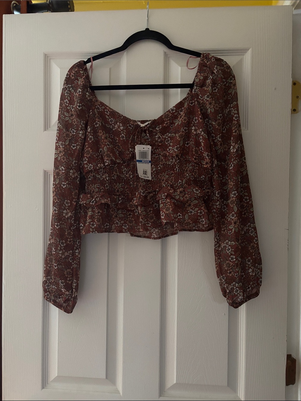 Ultra Flirt Burgundy Floral Crop Top with Ruffle Hem